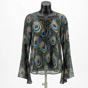 Show Me Your MuMu Zuko Peacock Print Sheer Blouse Size Small NWT Bell Sleeve